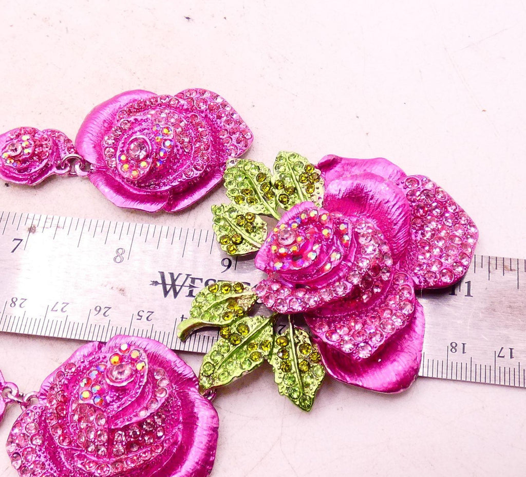 Pink Rose Cluster Rhinestone Statement Necklace