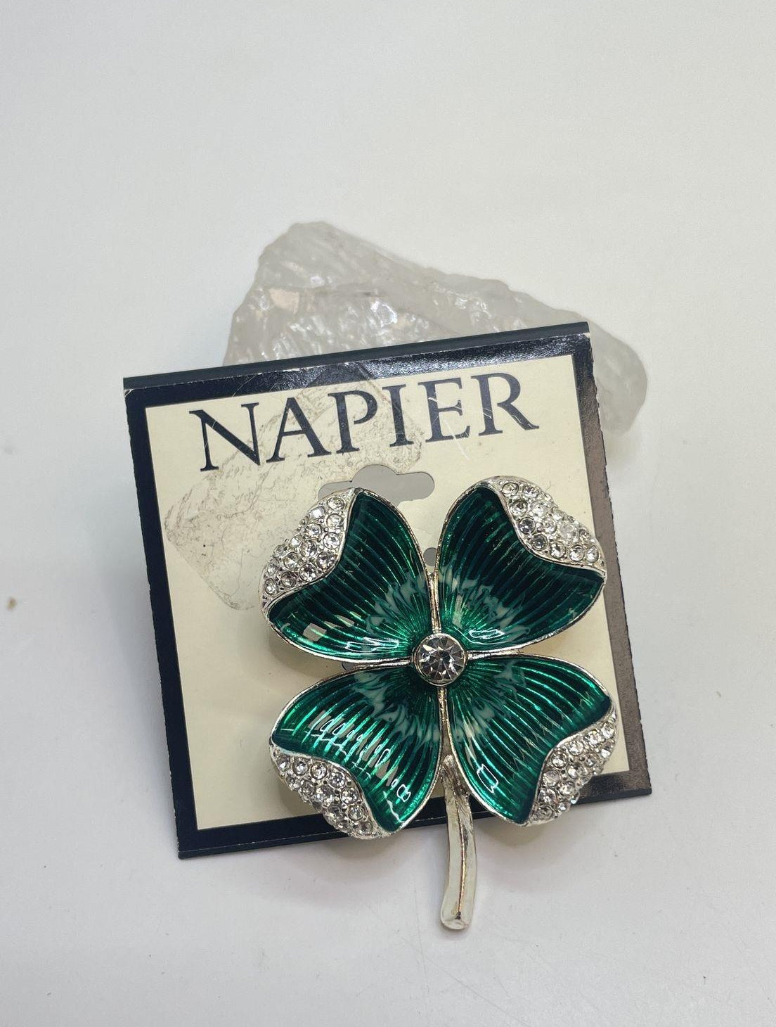 Napier Silver Tone Green Folded Rhinestone Clover Brooch 26.6g
