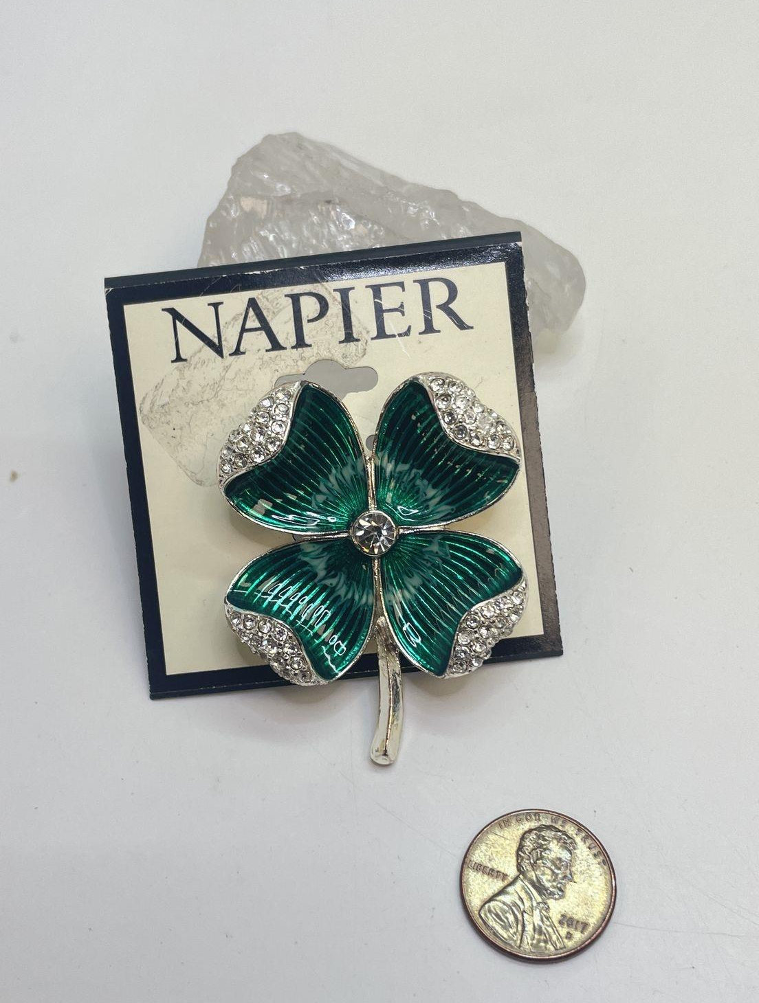 Napier Silver Tone Green Folded Rhinestone Clover Brooch 26.6g