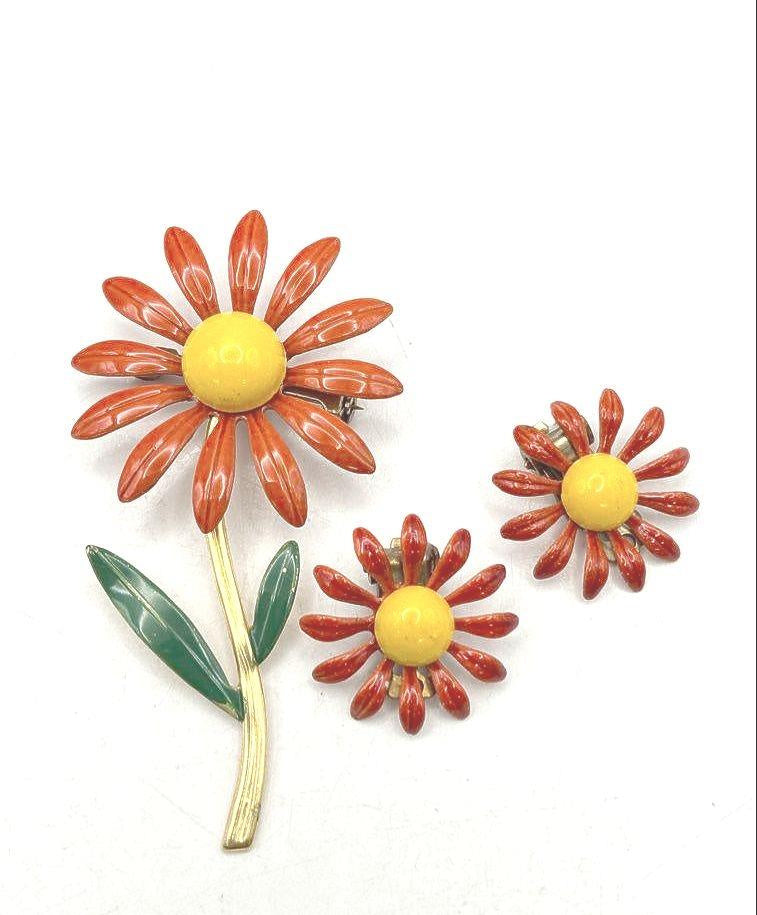 Vintage Orange Yellow Daisy Brooch and Clip Earring Set