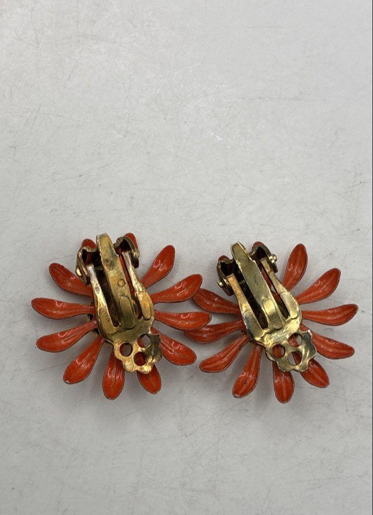 Vintage Orange Yellow Daisy Brooch and Clip Earring Set