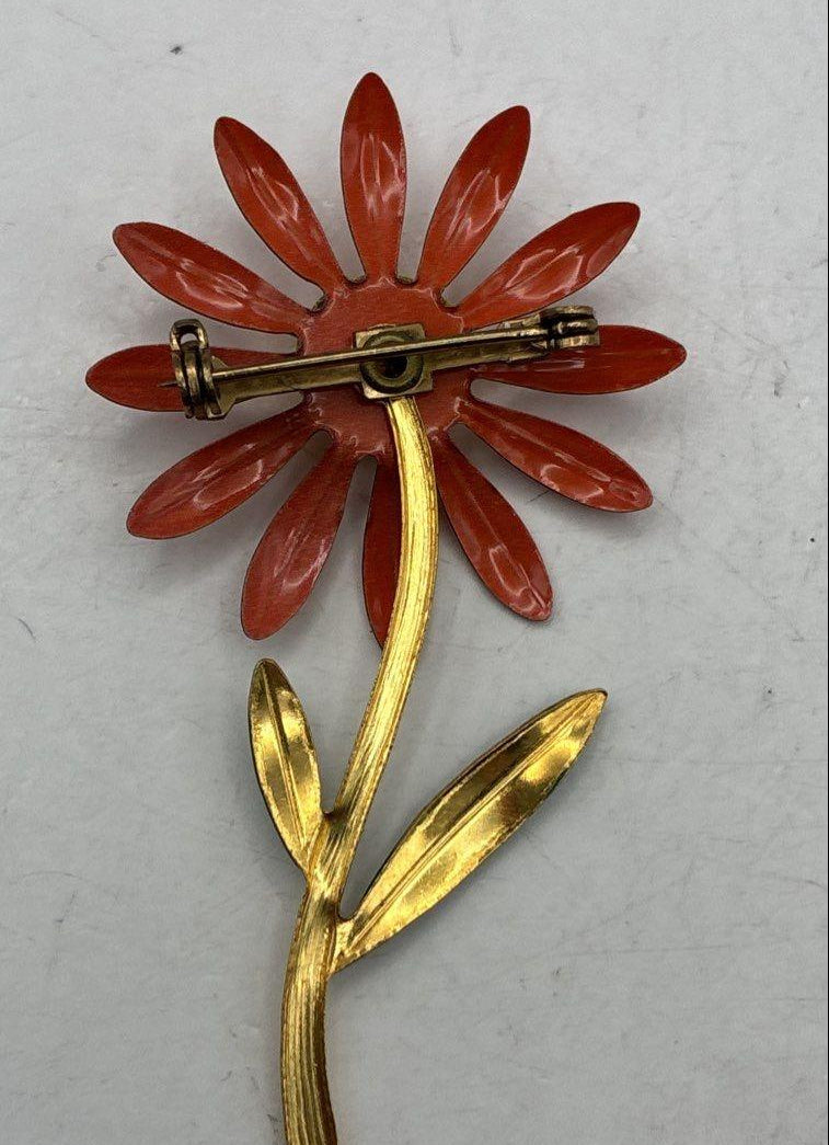 Vintage Orange Yellow Daisy Brooch and Clip Earring Set