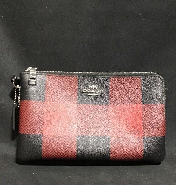 Coach Signature Red & Black Buffalo Check Double-Zip Wristlet Wallet