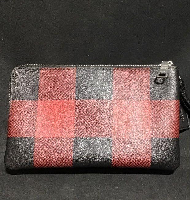 Coach Signature Red & Black Buffalo Check Double-Zip Wristlet Wallet