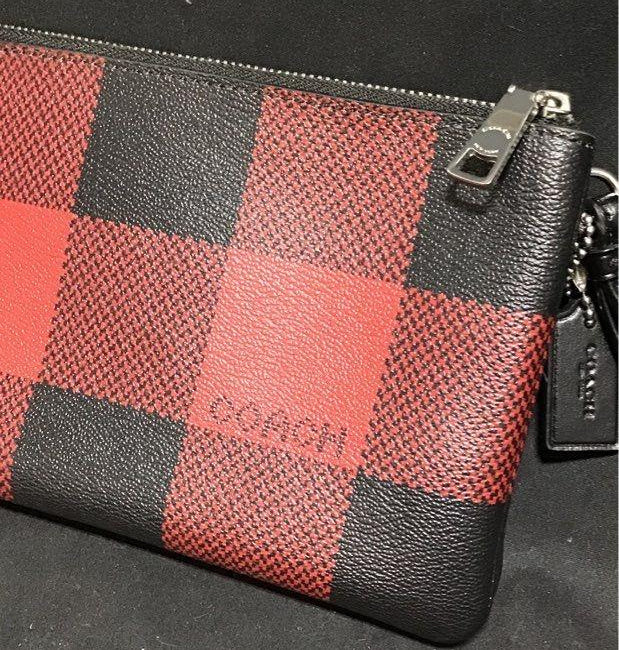 Coach Signature Red & Black Buffalo Check Double-Zip Wristlet Wallet