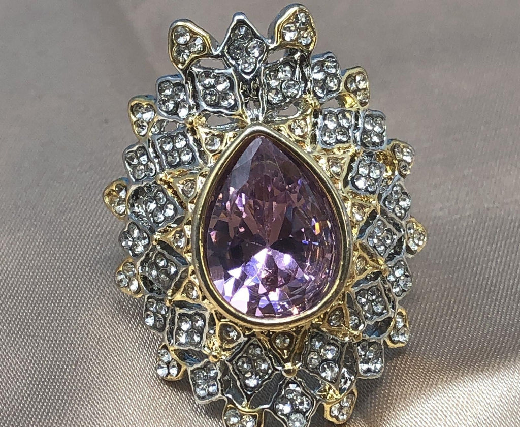 Sterling Silver 925 Sparkly Pink & White Glass Rhinestones Statement Size 8 Ring