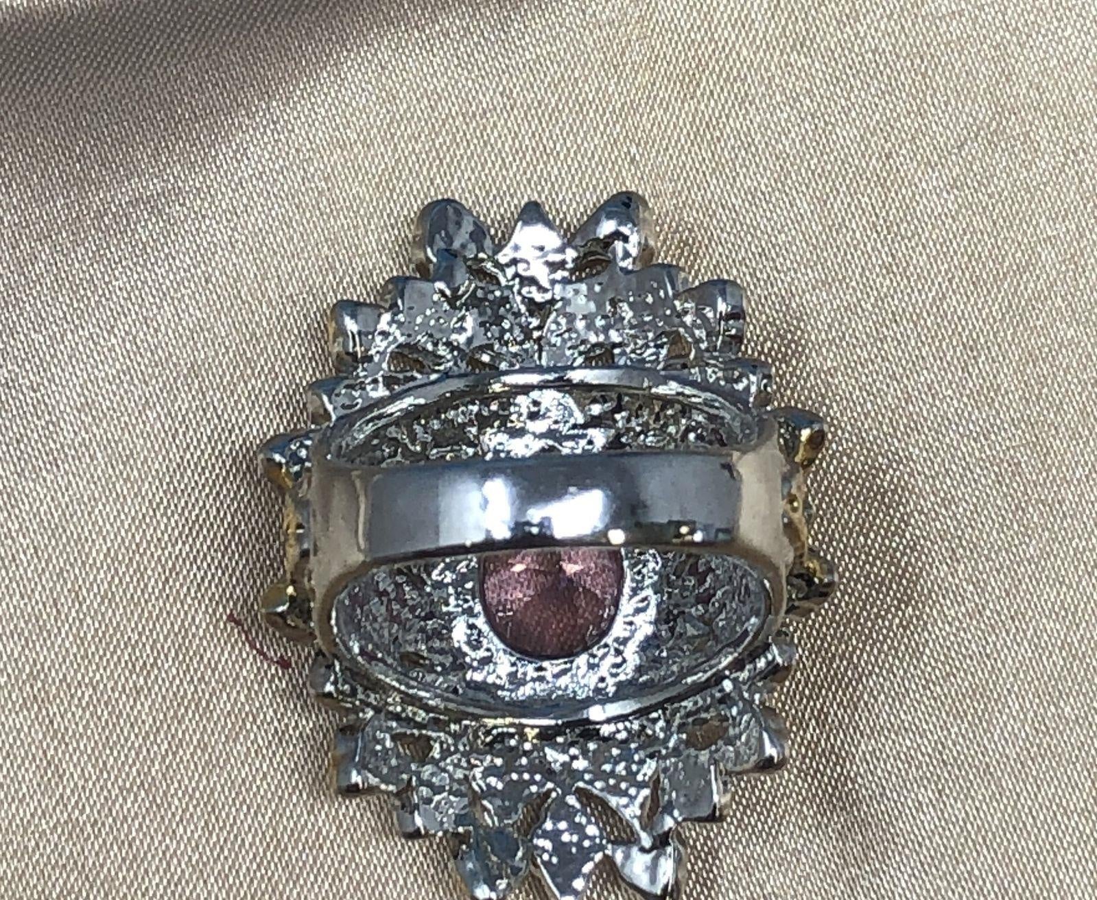 Sterling Silver 925 Sparkly Pink & White Glass Rhinestones Statement Size 8 Ring