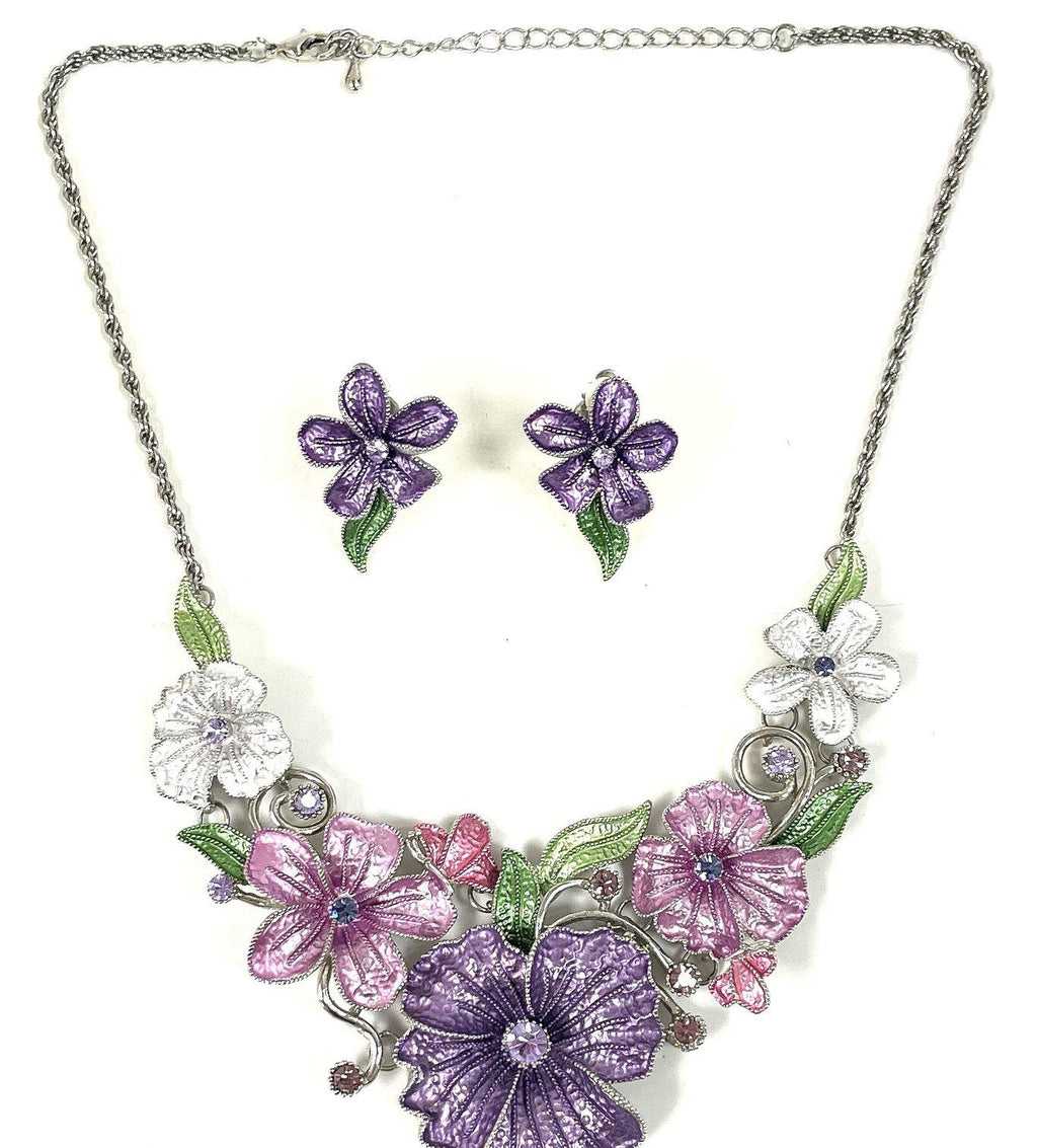 Silver-Tone Pink & Purple Floral Necklace and Clip-On Earrings Set