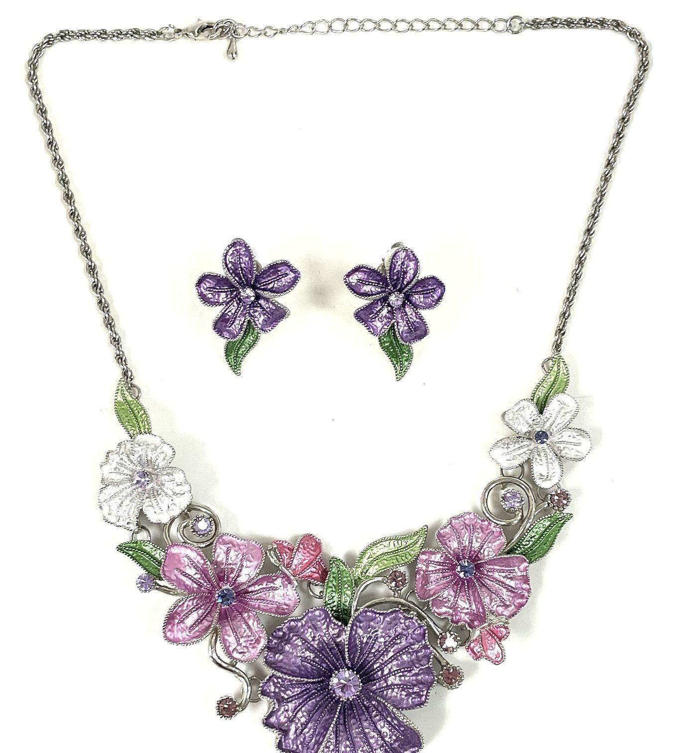 Silver-Tone Pink & Purple Floral Necklace and Clip-On Earrings Set