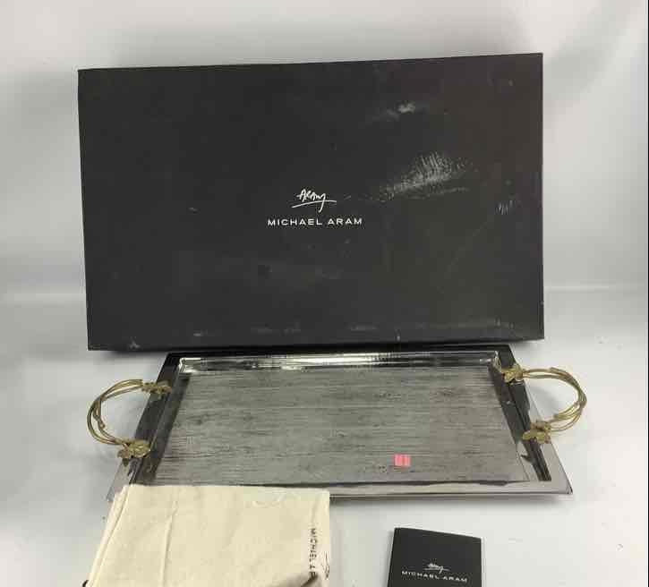 Michael Aram Orchid Serving Tray Stainless Steel Gold Tone Handles with Box