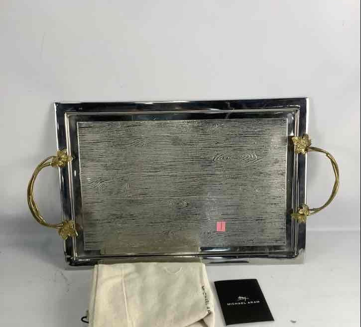 Michael Aram Orchid Serving Tray Stainless Steel Gold Tone Handles with Box