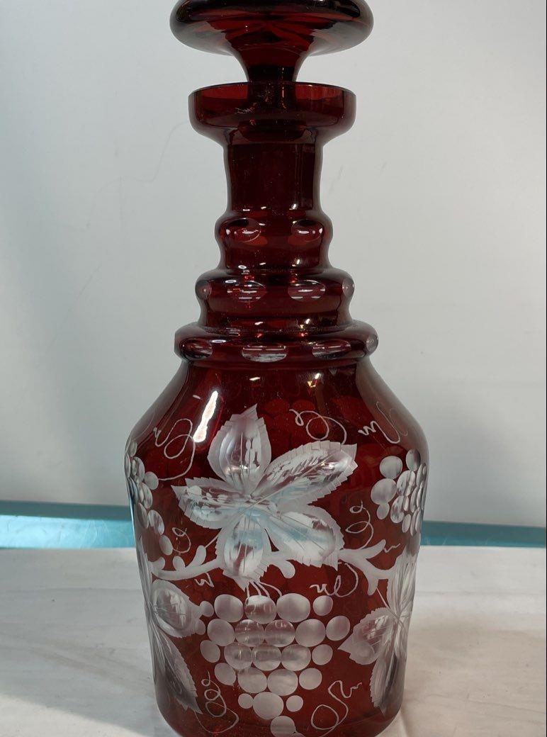 Vintage Egermann Bohemian Cut to Clear Ruby Red Frosted Glass Decanter