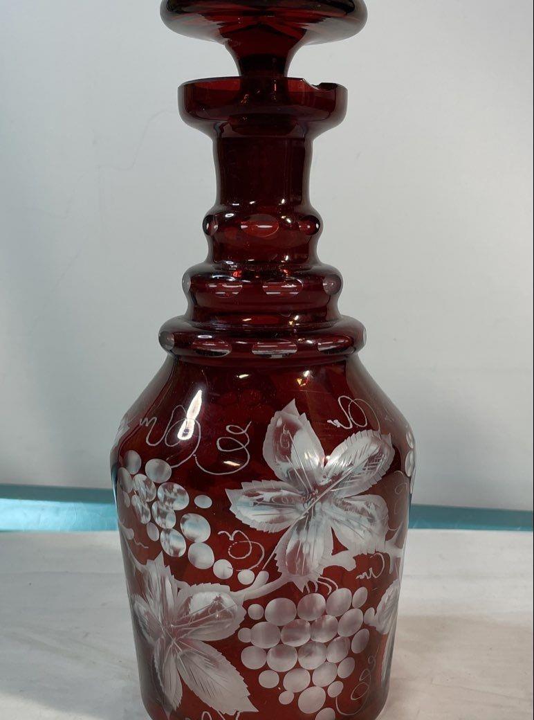 Vintage Egermann Bohemian Cut to Clear Ruby Red Frosted Glass Decanter