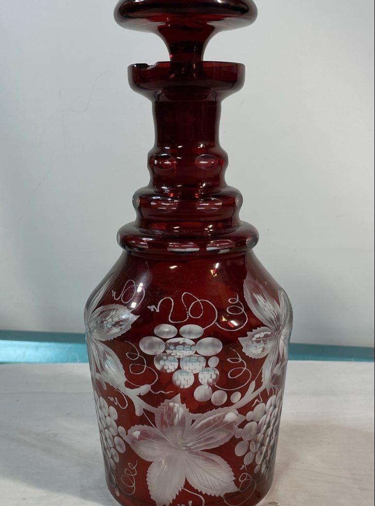 Vintage Egermann Bohemian Cut to Clear Ruby Red Frosted Glass Decanter
