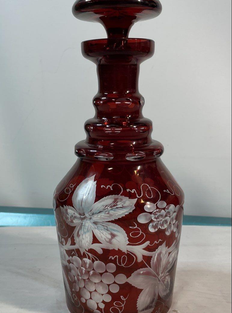 Vintage Egermann Bohemian Cut to Clear Ruby Red Frosted Glass Decanter