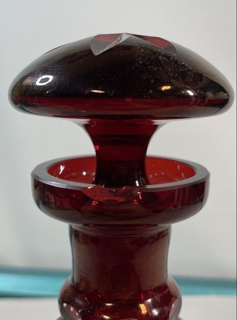 Vintage Egermann Bohemian Cut to Clear Ruby Red Frosted Glass Decanter