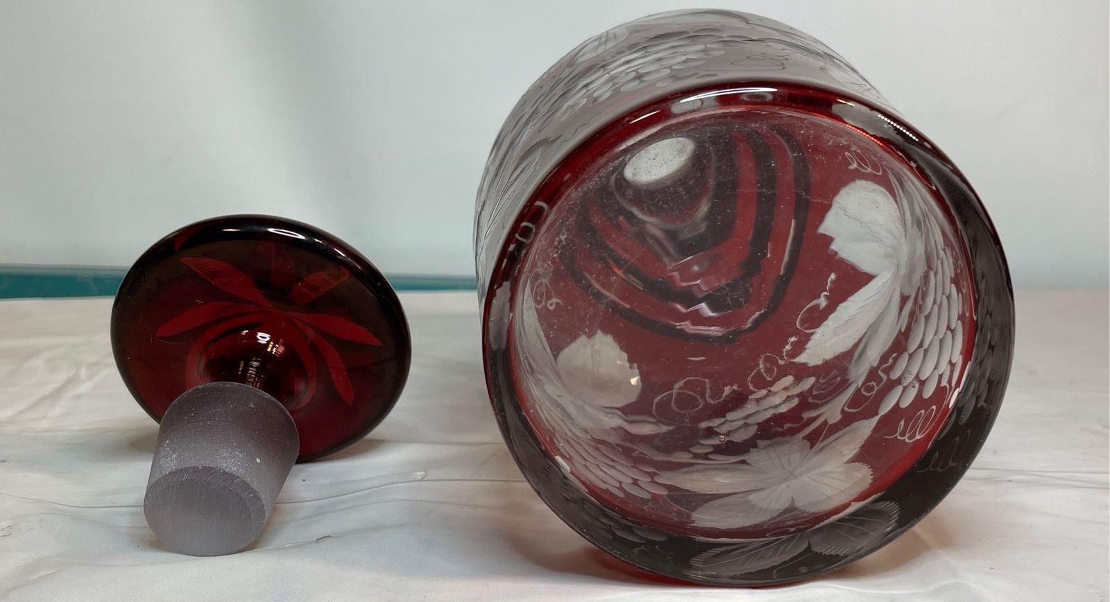 Vintage Egermann Bohemian Cut to Clear Ruby Red Frosted Glass Decanter
