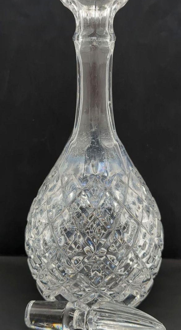 Vintage Clear Glass Diamond Cut Geometric Barware Liquor Decanter With Stopper