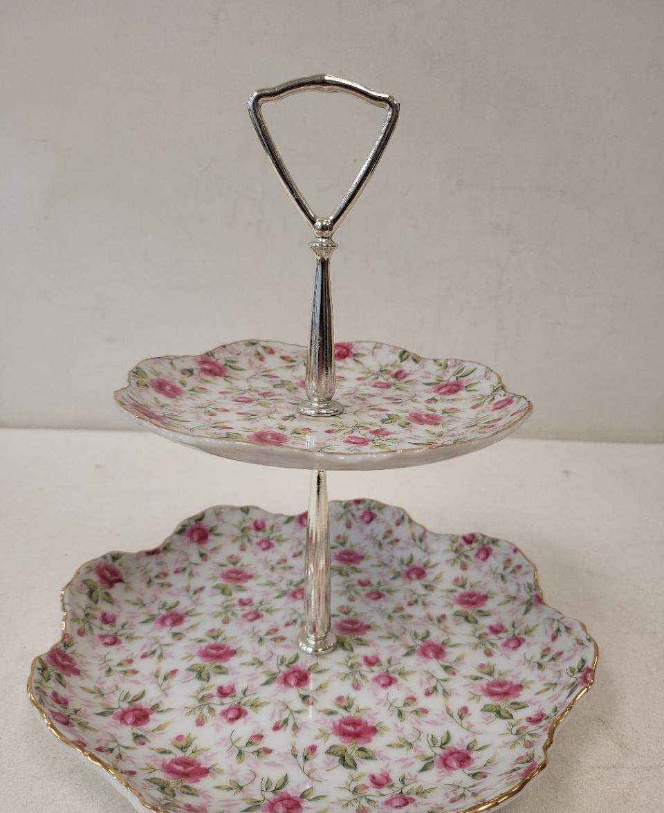 Lefton Pink Rose Porcelain Two-Tier Serving Stand with Gold Trim