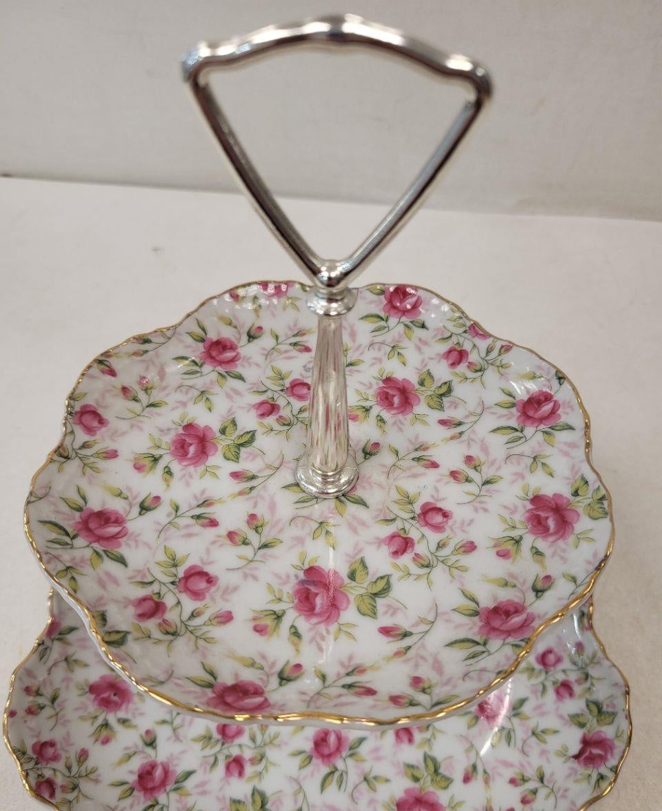 Lefton Pink Rose Porcelain Two-Tier Serving Stand with Gold Trim