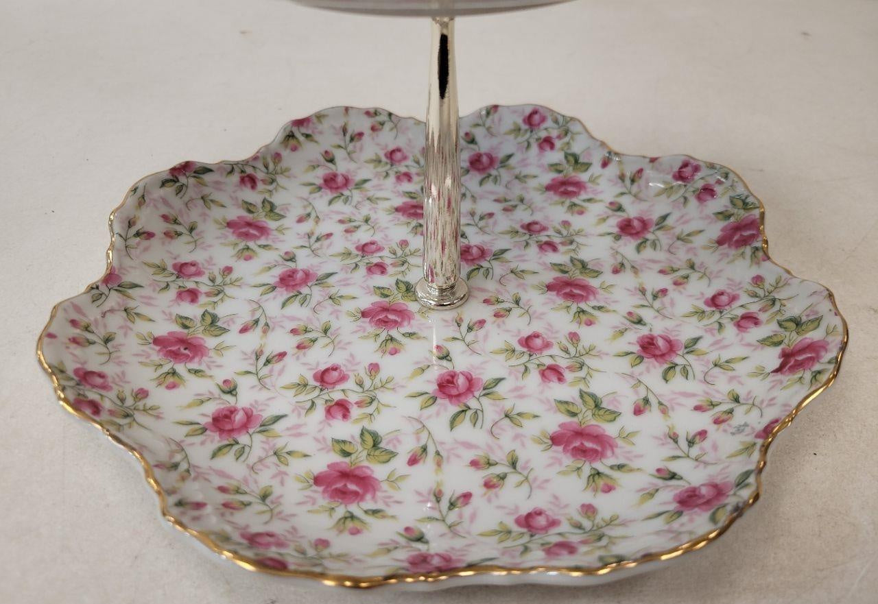 Lefton Pink Rose Porcelain Two-Tier Serving Stand with Gold Trim