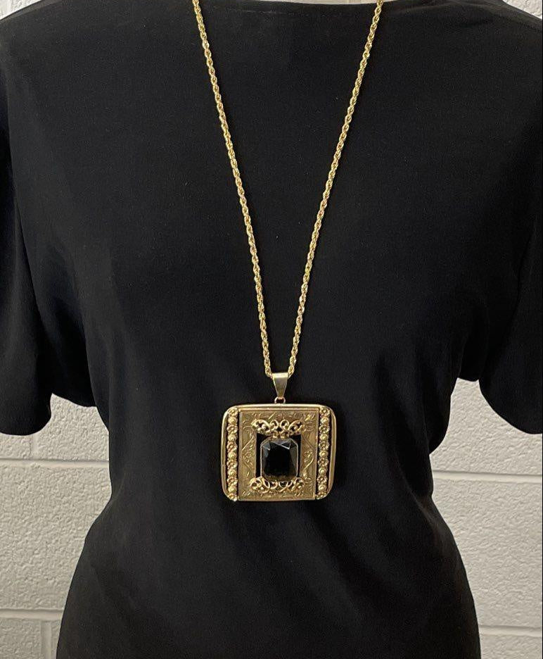 Vintage Gold-Tone Smoky Glass Floral Pendant Necklace 30 Inches