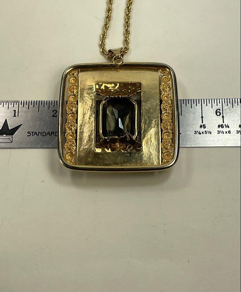 Vintage Gold-Tone Smoky Glass Floral Pendant Necklace 30 Inches