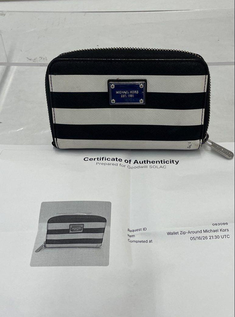 Michael Kors Black & White Striped Zip-Around Wallet with COA