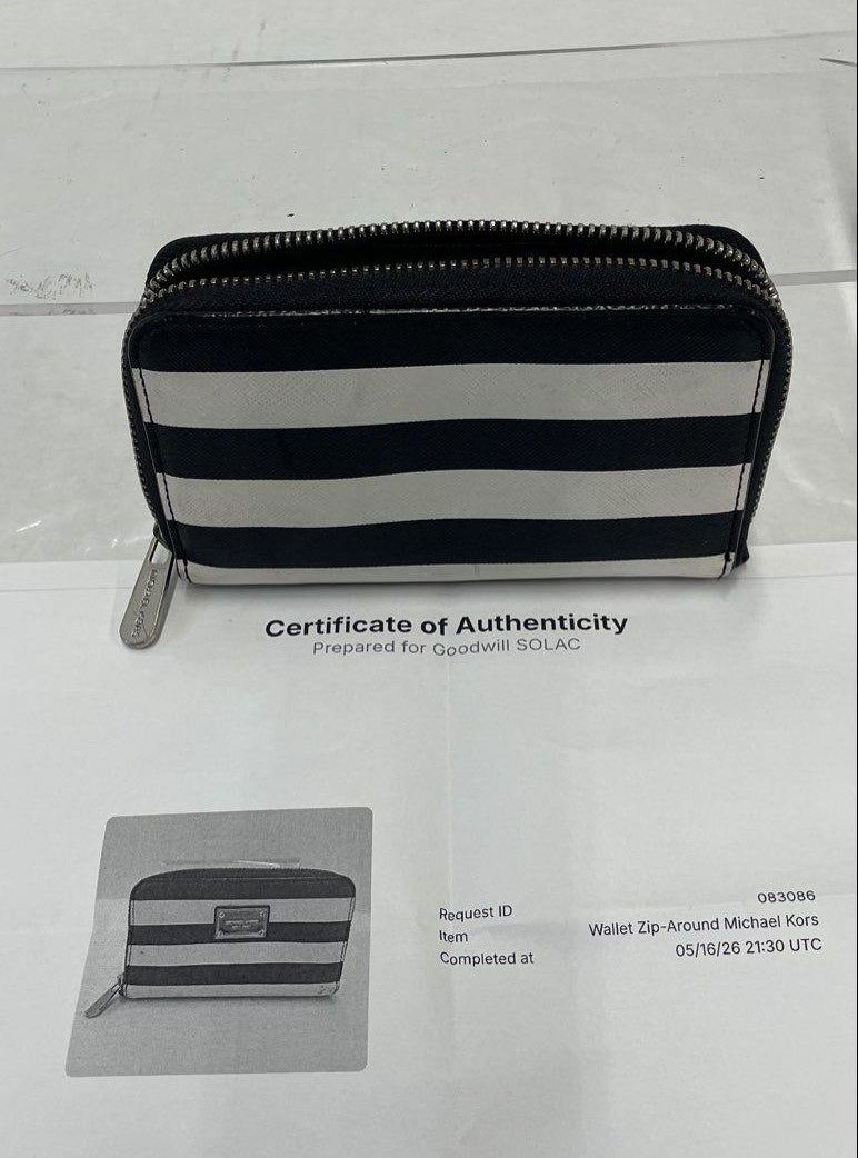 Michael Kors Black & White Striped Zip-Around Wallet with COA