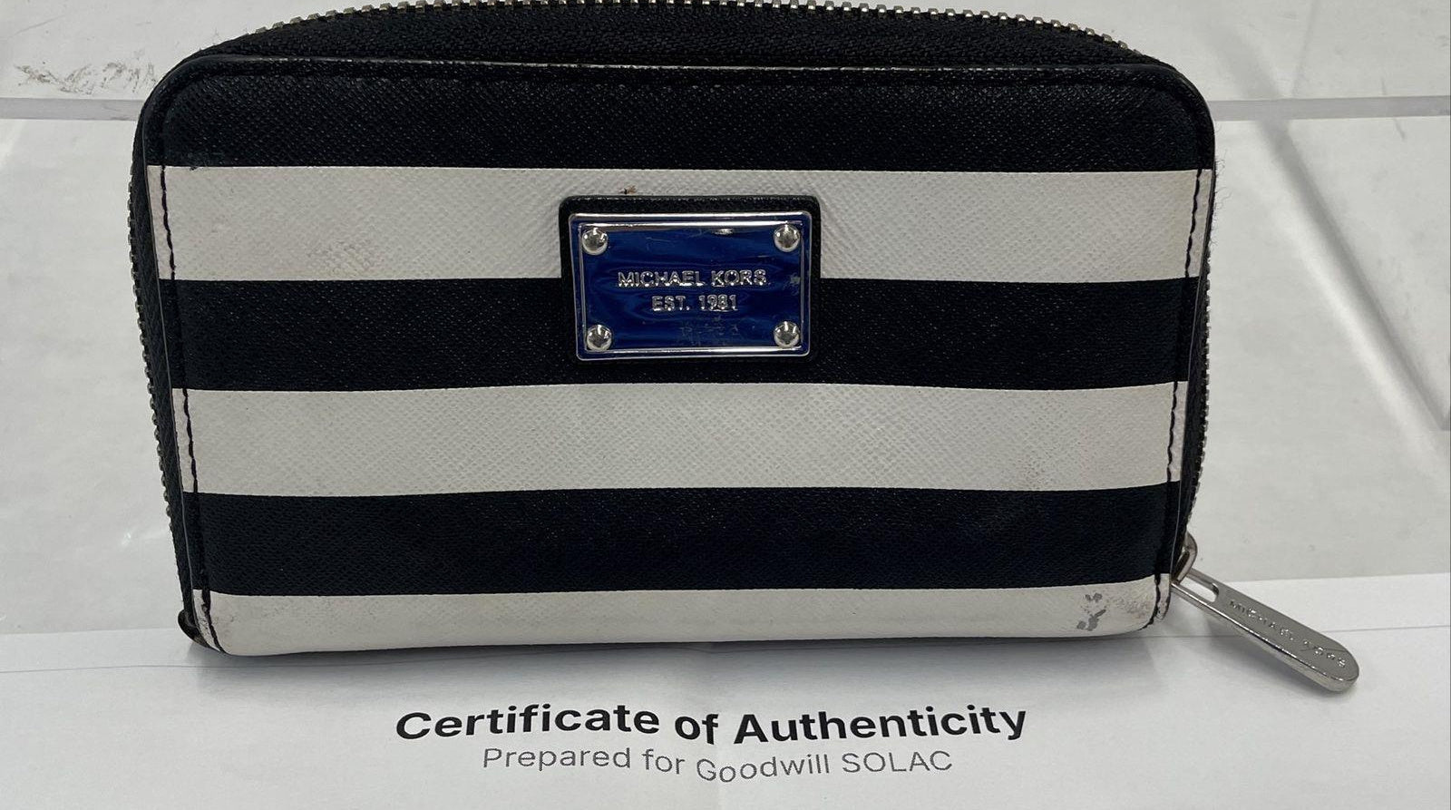 Michael Kors Black & White Striped Zip-Around Wallet with COA