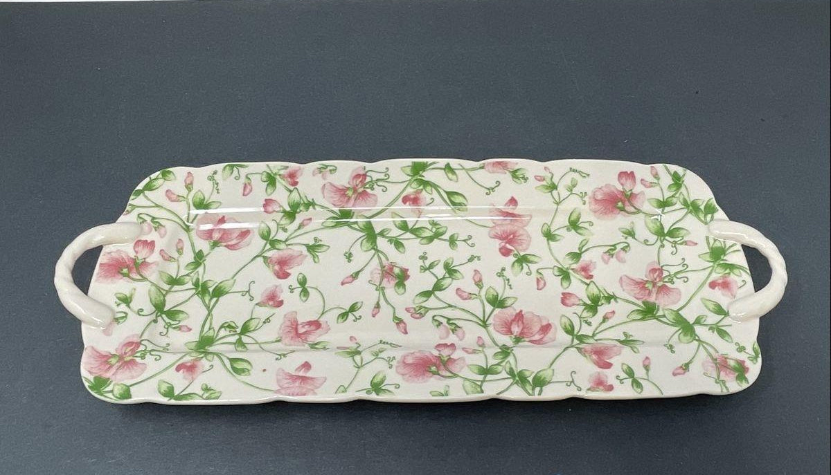 2005 Harry & David Ceramic Serving Tray, Pink Floral Pattern with Handles