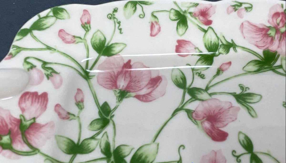2005 Harry & David Ceramic Serving Tray, Pink Floral Pattern with Handles