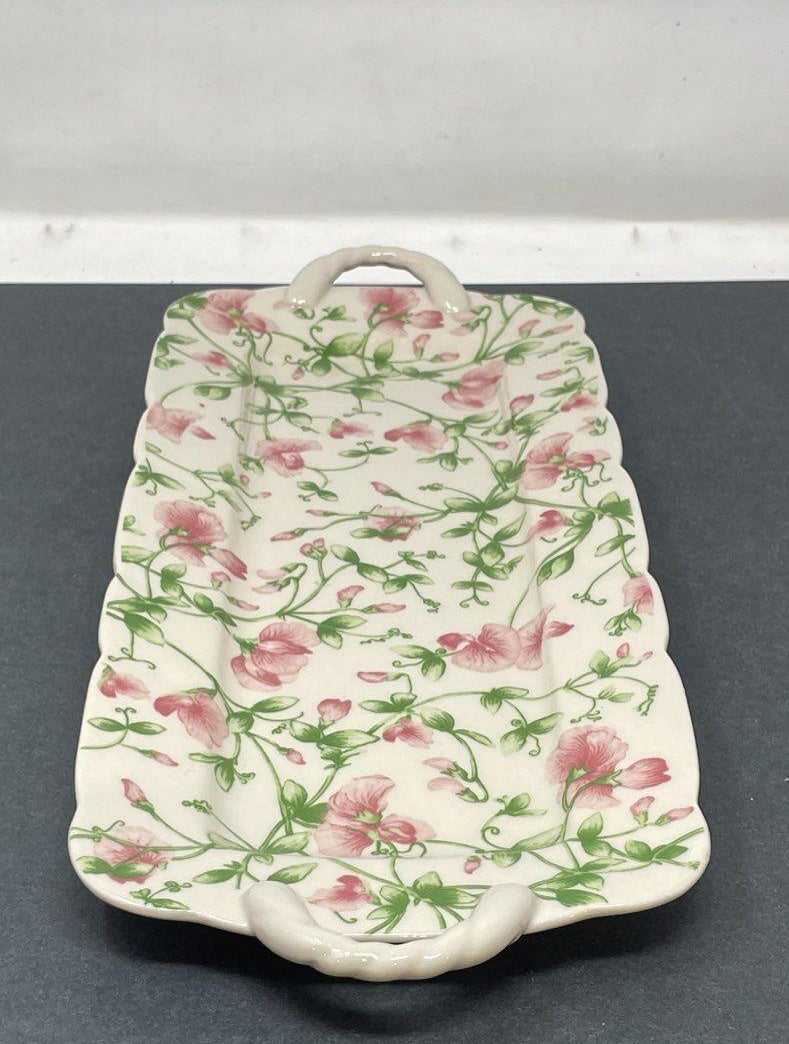 2005 Harry & David Ceramic Serving Tray, Pink Floral Pattern with Handles