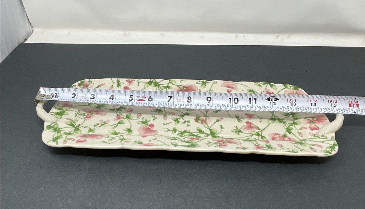 2005 Harry & David Ceramic Serving Tray, Pink Floral Pattern with Handles