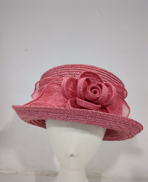 Vintage Betmar Pink Straw Hat Rose Bow 100% Straw Women's L124 New York