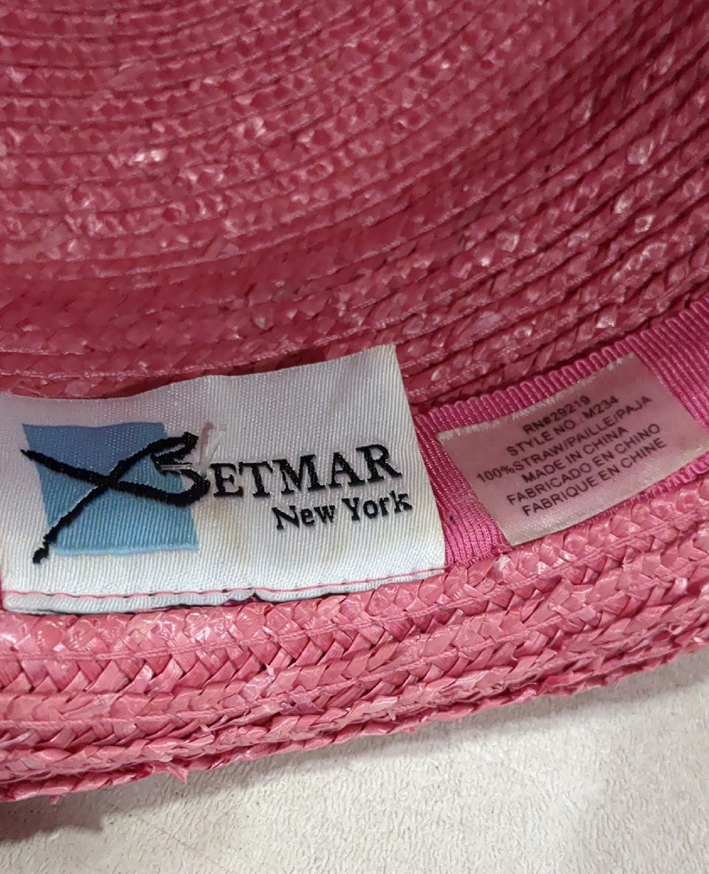 Vintage Betmar Pink Straw Hat Rose Bow 100% Straw Women's L124 New York