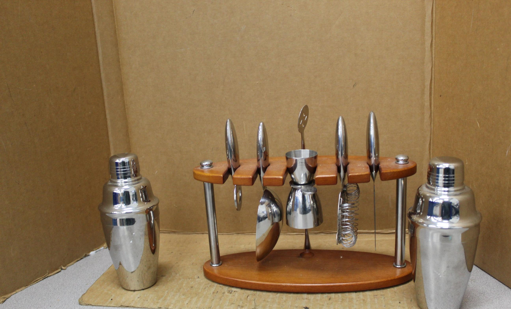 Wood Stand Bar Tool Set with Two Cocktail Shakers