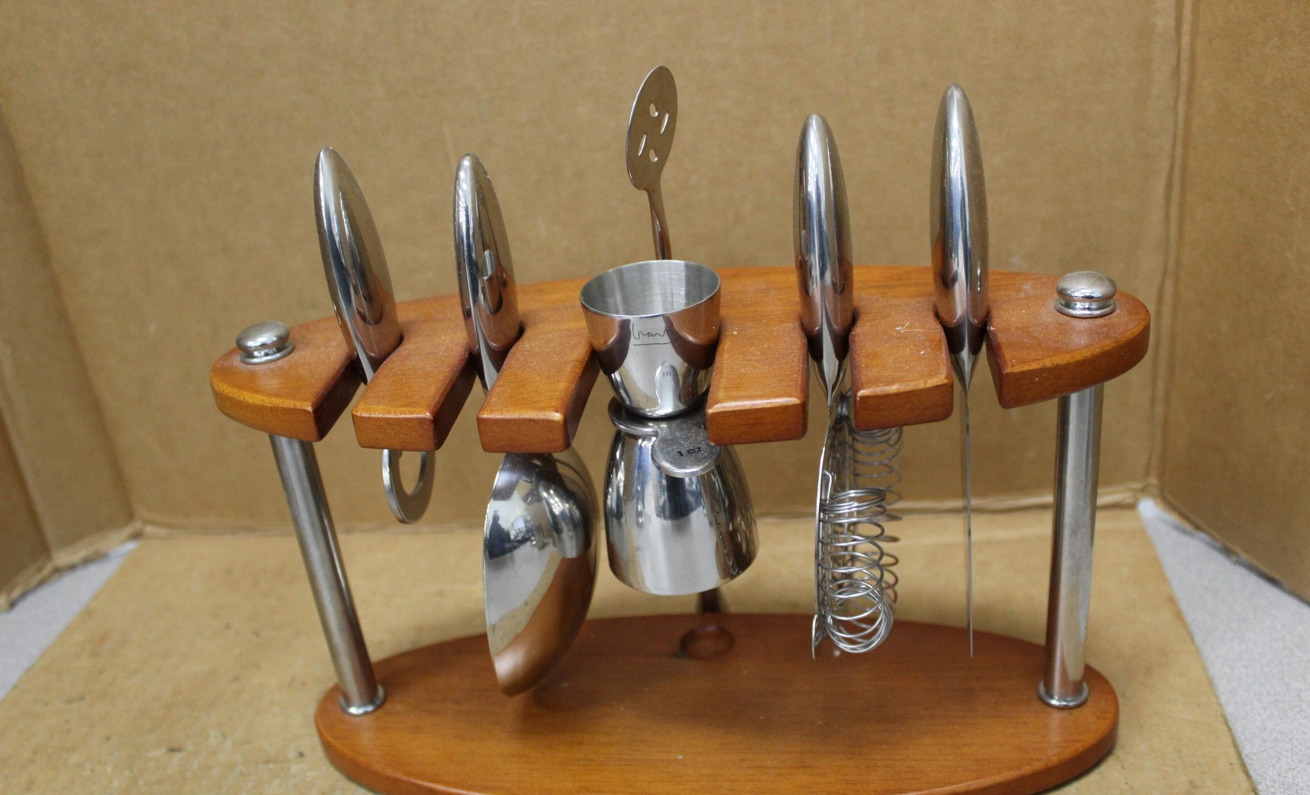 Wood Stand Bar Tool Set with Two Cocktail Shakers