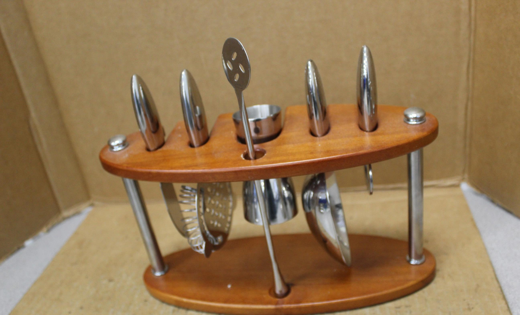 Wood Stand Bar Tool Set with Two Cocktail Shakers