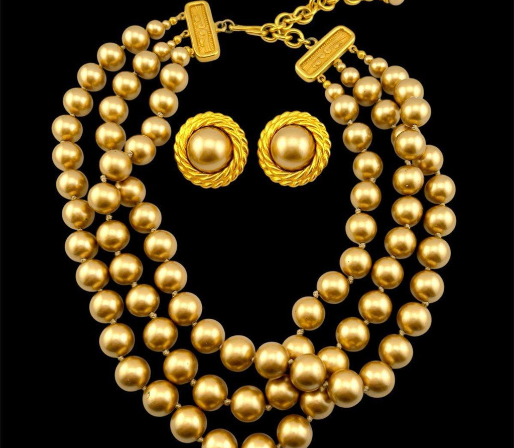 Vintage CAROLEE Gold Tone Hand-Knotted Beaded Necklace & Earrings Set, 18-Inch