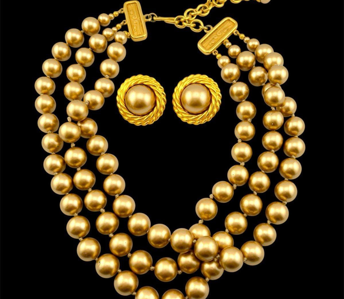 Vintage CAROLEE Gold Tone Hand-Knotted Beaded Necklace & Earrings Set, 18-Inch