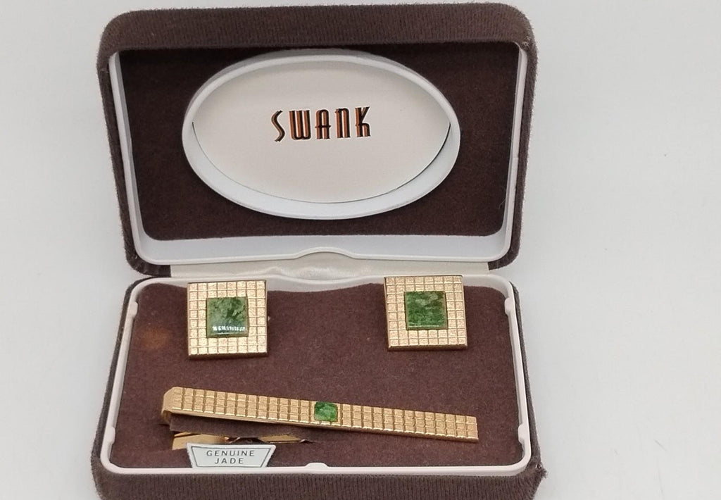 Swank Genuine Jade Gold-Tone Tie Bar & Cufflinks Set in Original Box