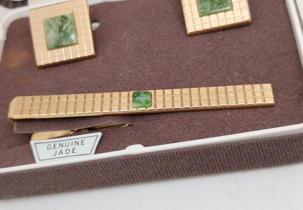 Swank Genuine Jade Gold-Tone Tie Bar & Cufflinks Set in Original Box