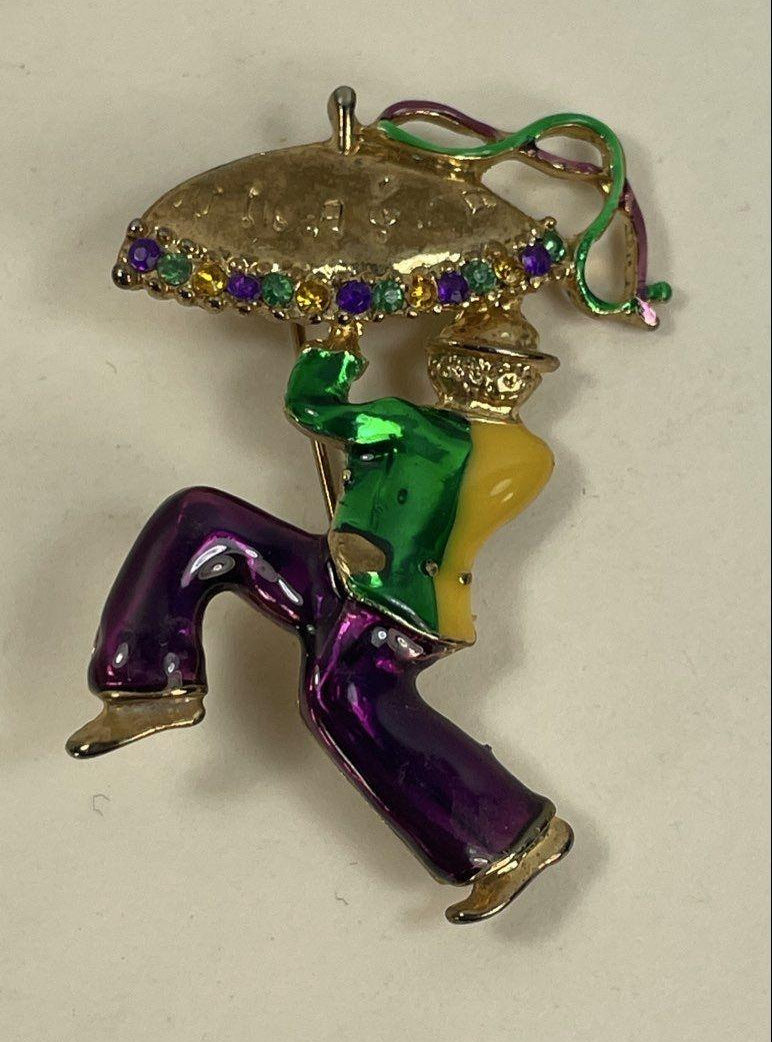 Gold-Tone Purple, Green & Yellow Enamel Figural Brooch