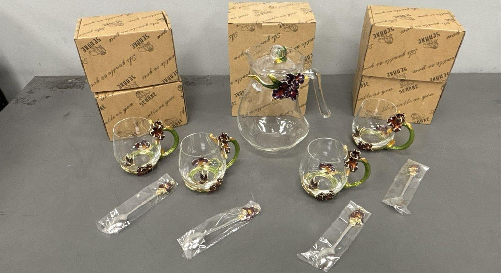 Semake Enamel Iris Glass Tea Set, 9-Piece Pitcher, Mug & Spoon Set