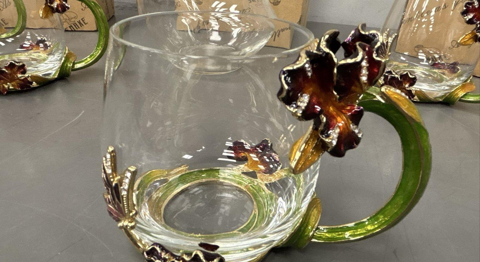 Semake Enamel Iris Glass Tea Set, 9-Piece Pitcher, Mug & Spoon Set
