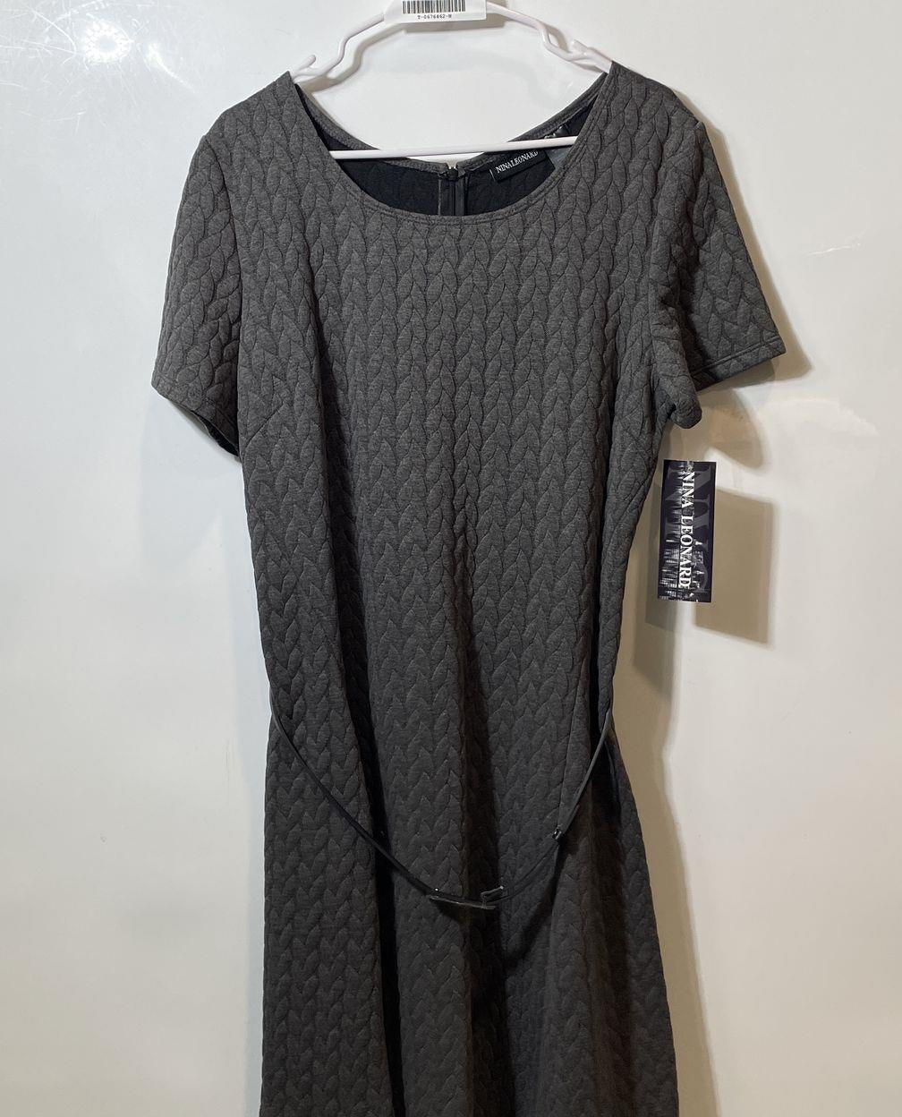 Nina Leonard Charcoal Textured Belted A-Line Dress Size XL NWT