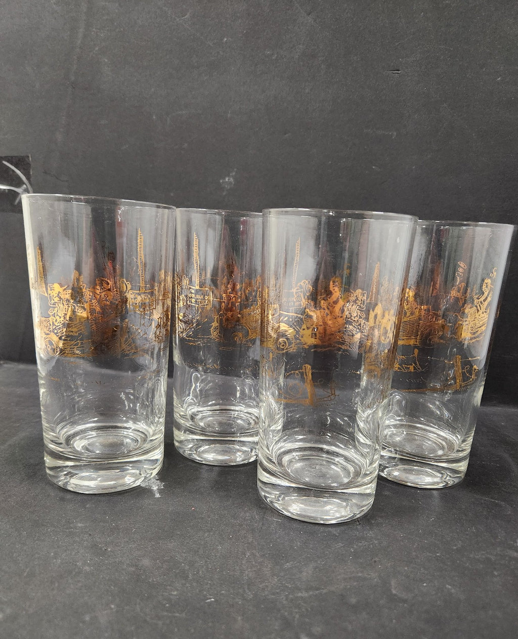 Set of 4 Vintage Highball Glasses Gold Black Antique Car Scene 5-6 Inch