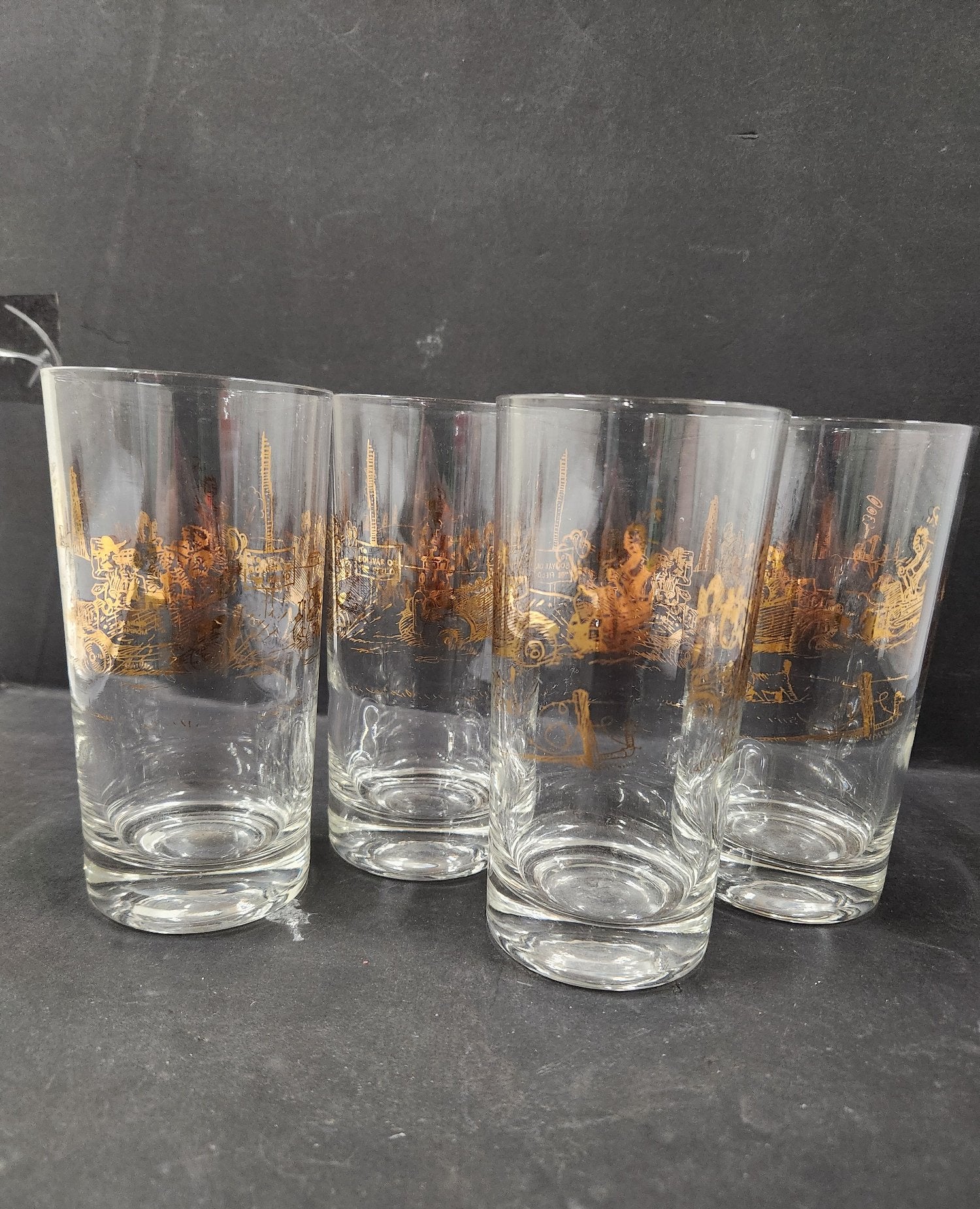 Set of 4 Vintage Highball Glasses Gold Black Antique Car Scene 5-6 Inch