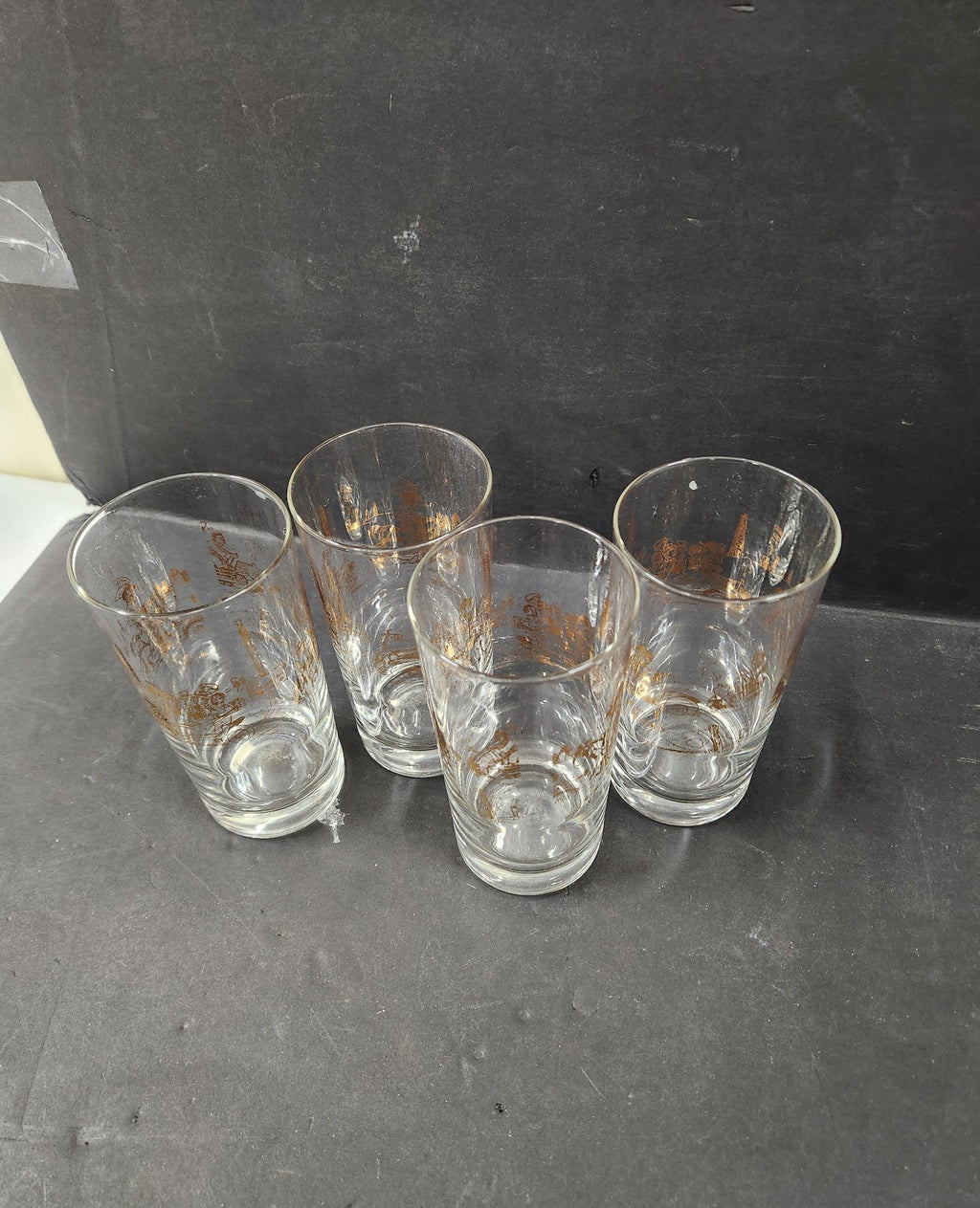 Set of 4 Vintage Highball Glasses Gold Black Antique Car Scene 5-6 Inch